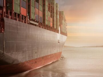 A colossal cargo ship loaded with containers navigates through calm waters against a vibrant sunset sky.